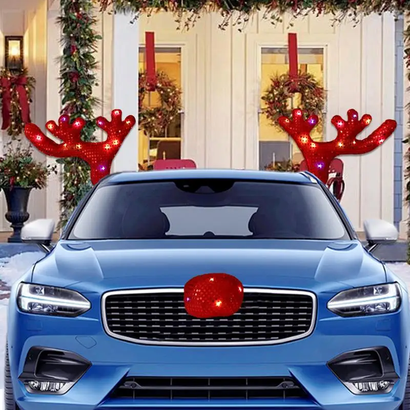 Car Reindeer Antlers And Nose Sequins Reindeer Car Decorations Holiday Automotive Decor Car Costume Accessories For Trucks Cars