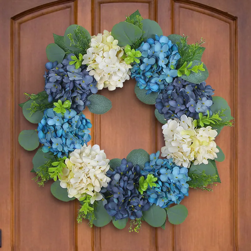 

Simulation Blue and White Hydrangea Wreath Hanging Decorations Dead Branch Rattan Circle Arrangement Decoration Wall Hanging