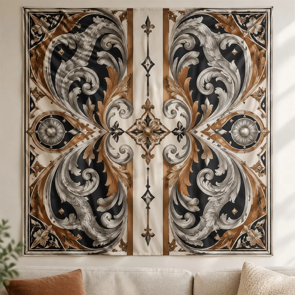 VIKAMA Silver Engraved Motif Tapestry Wall Hanging, Vintage Aesthetic Room Decor Wall Art Tapestries for Living Room Bedroom