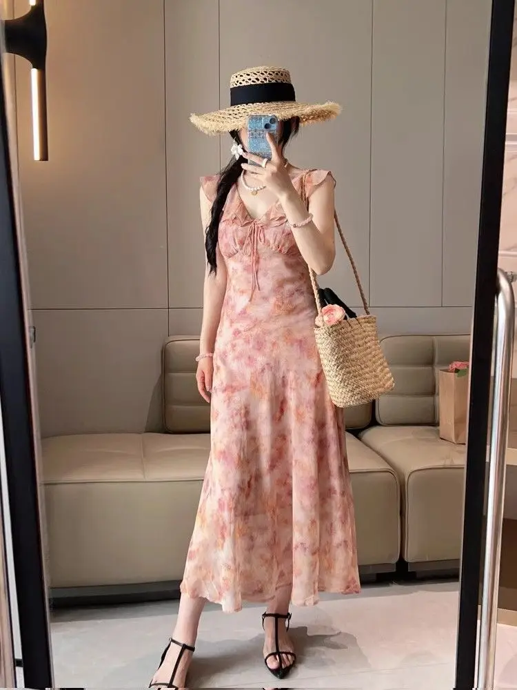 Summer Unique Pink Floral Print V-Ne Svel Long Dr Tea Break Holiday Sle High Waist A-Line Gown Commute Friendly