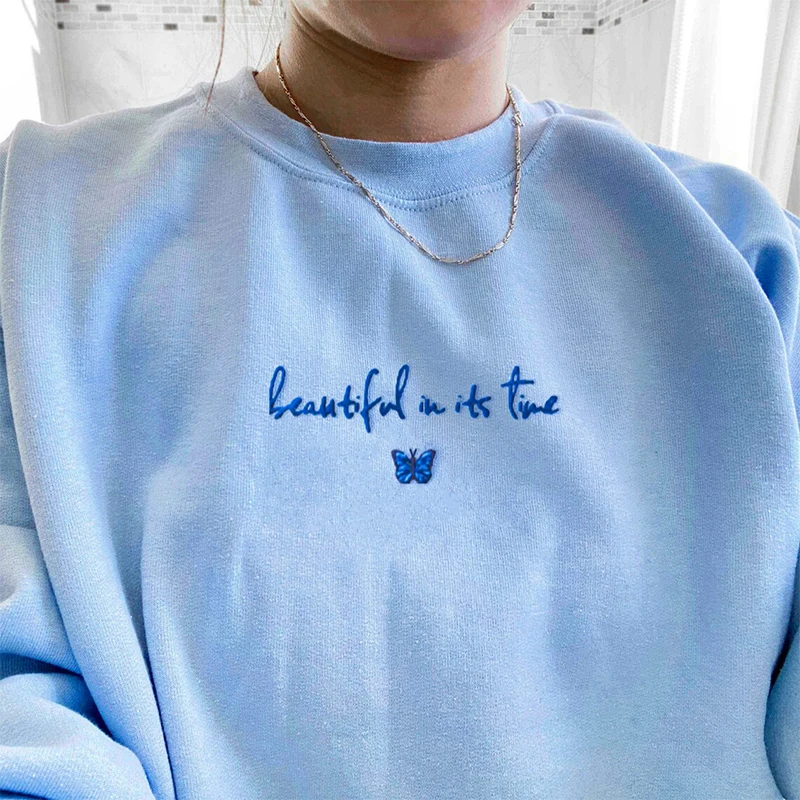 Butterfly in its Time Letters Embroidery Women Pullover Sky Blue Autumn Thick Sweatshirt Crewneck Loose Casual Aesthetic Hoodies