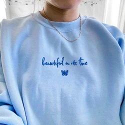 Butterfly in its Time Letters Embroidery Women Pullover Sky Blue Autumn Thick Sweatshirt Crewneck Loose Casual Aesthetic Hoodies