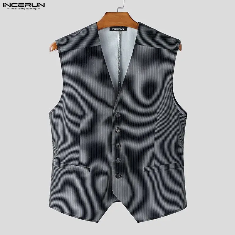 

Мужские жилеты INCERUN в полоску с V-образным вырезом, без рукавов, на пуговицах, повседневные, уличный стиль, элегантные, модные, 2026