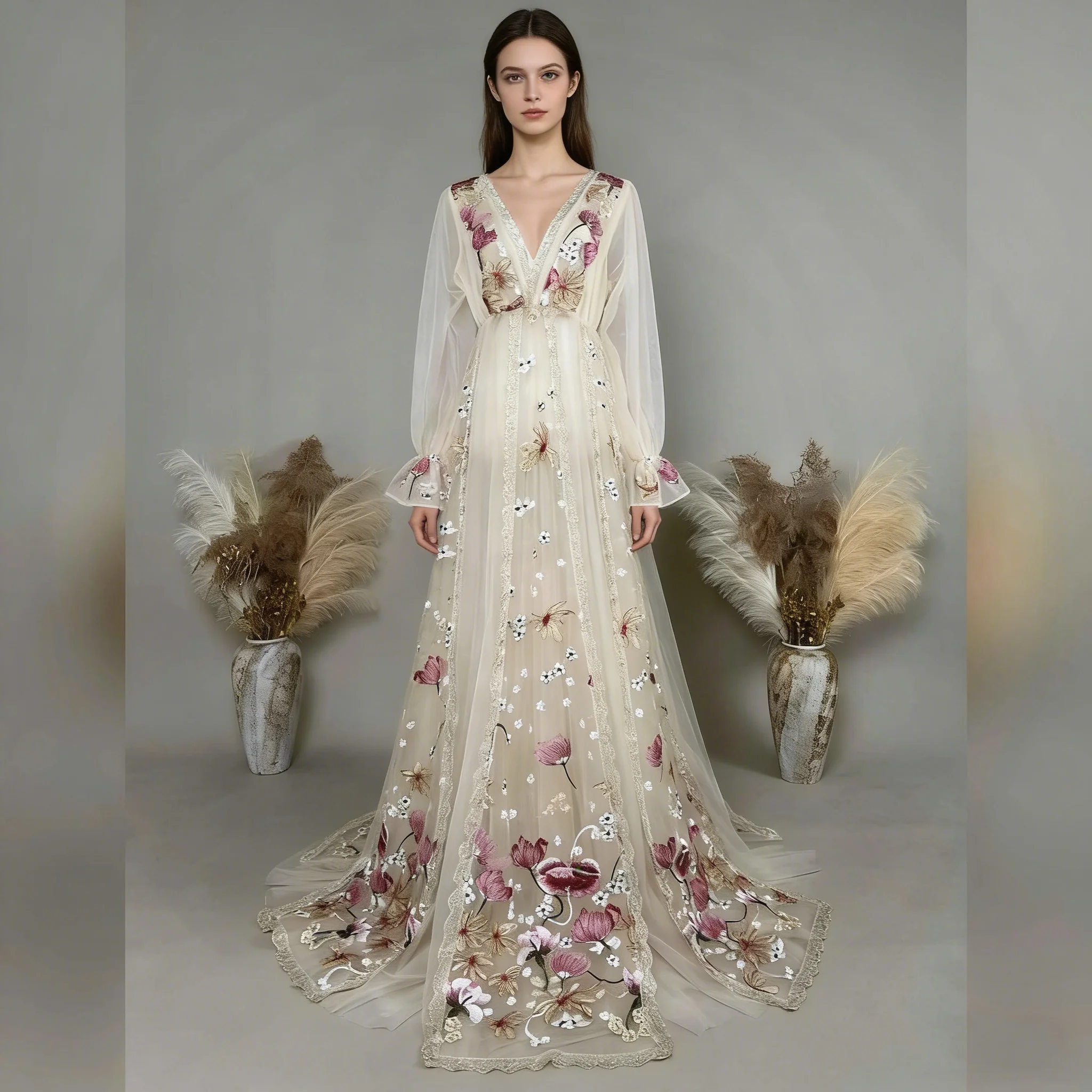 

Don&Judy V-Neck Embroidered Flower Dress for Women Elegant Long Sleeve Gown for Wedding Party Photo Shoot