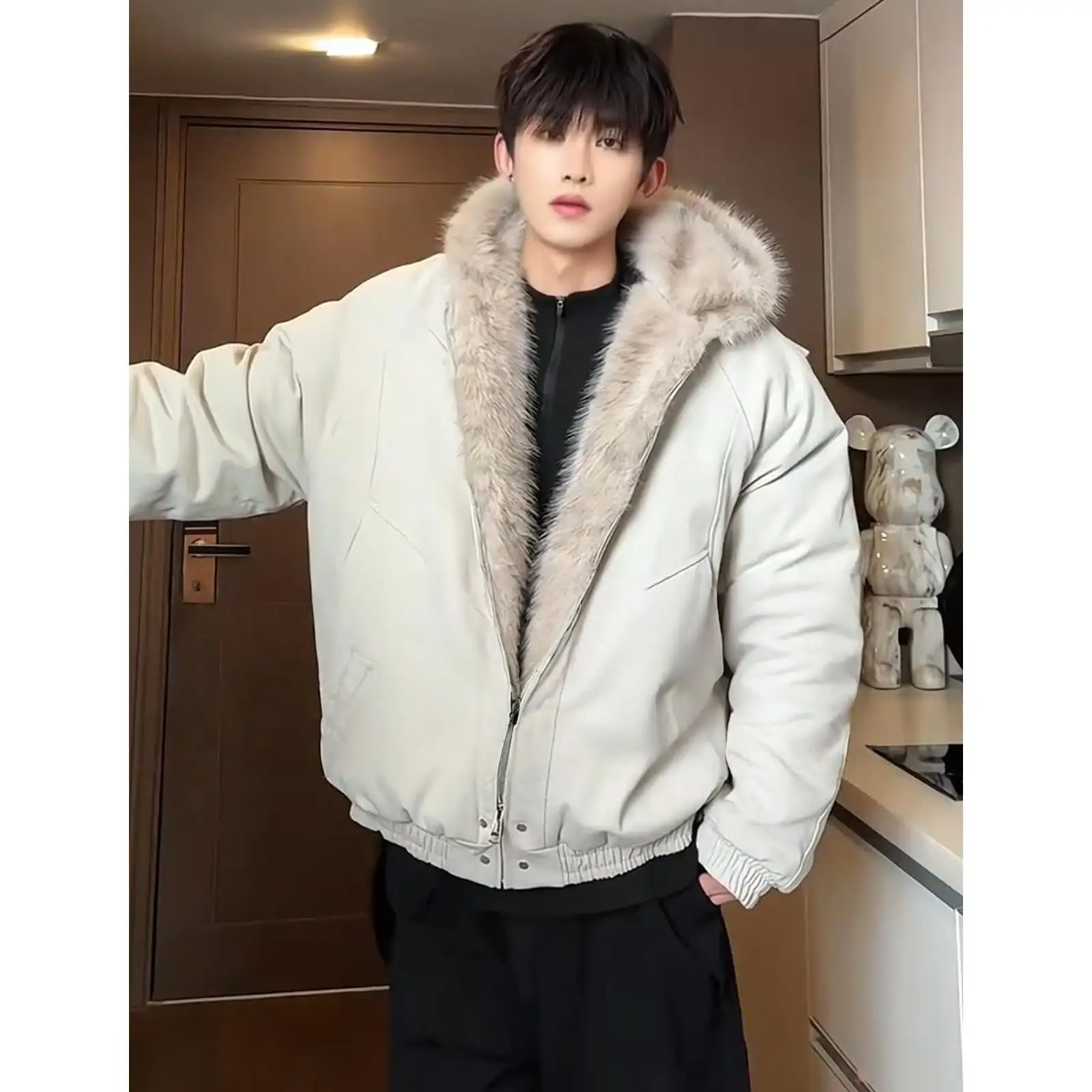 

American High Street Men's down Jaet Thiened Loose Coat with Fur Collar Workwear Outerwear for Couples Winter Coat