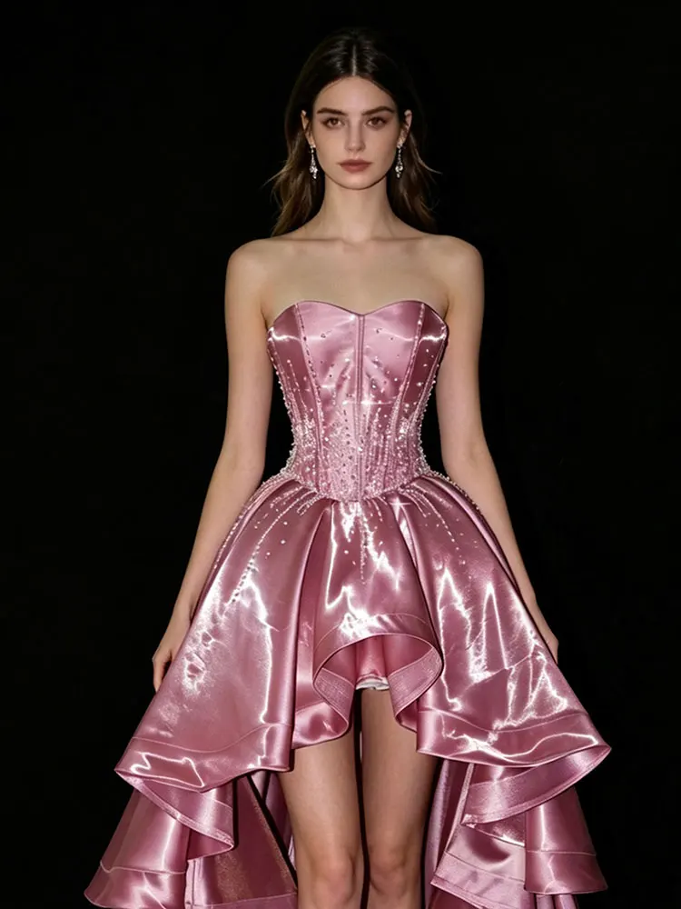 Lautaro Spring Long Luxury Sleeveless Strapless Pink RhinestoneElegant Evening Party Wedding Birthday Prom Dress for Women Dress