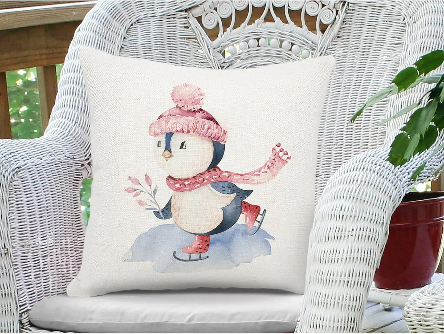 Cute Penguin Skating Pillowcase Cushion Cover Nursery Art Decorative Winter Holiday Theme Decorative Throw Pillow 45x45cm Decor