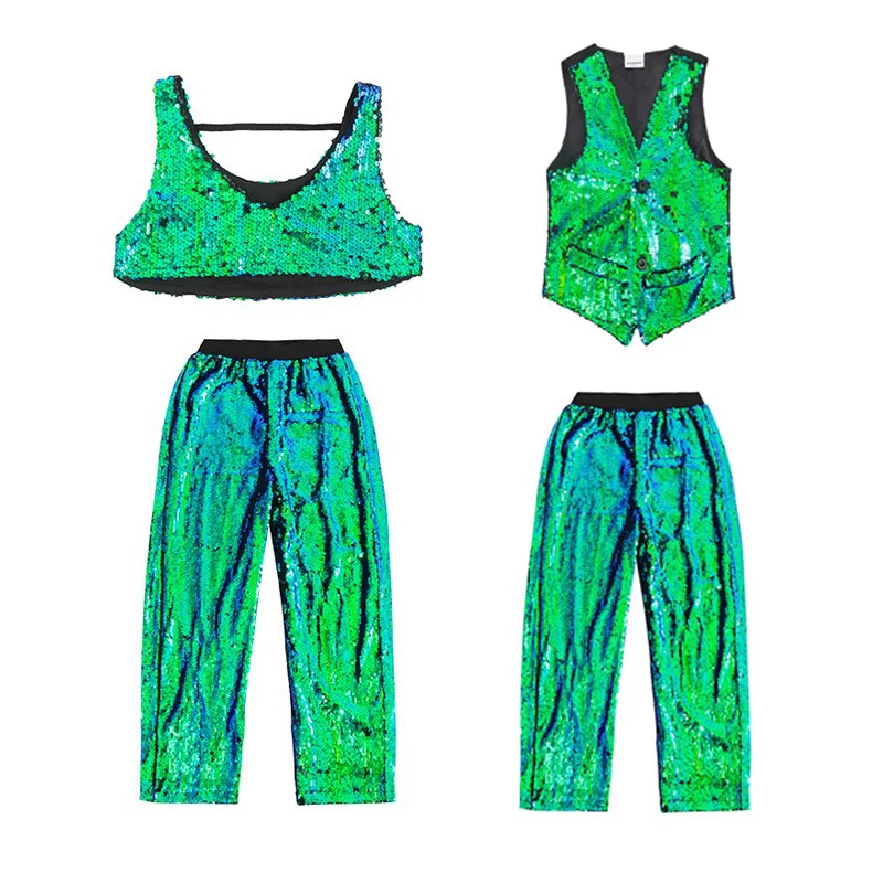 

Укороченный топ на бретелях с блестками для девочек в стиле хип-хоп, зеленый жилет для мальчиков, куртка, детский джаз, блестящие штаны, комплект одежды, детский сценический костюм для уличных танцев