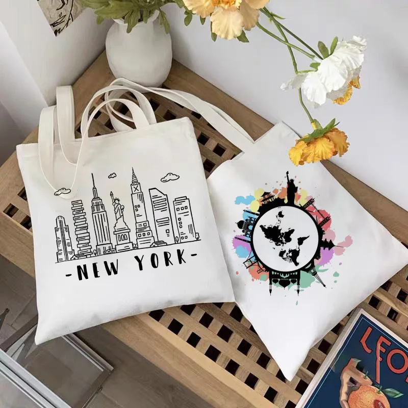 Bolsa de lona con motivos de la ciudad, New York, París, mapa del mundo, minimalista, para viajes, compras, para mujer