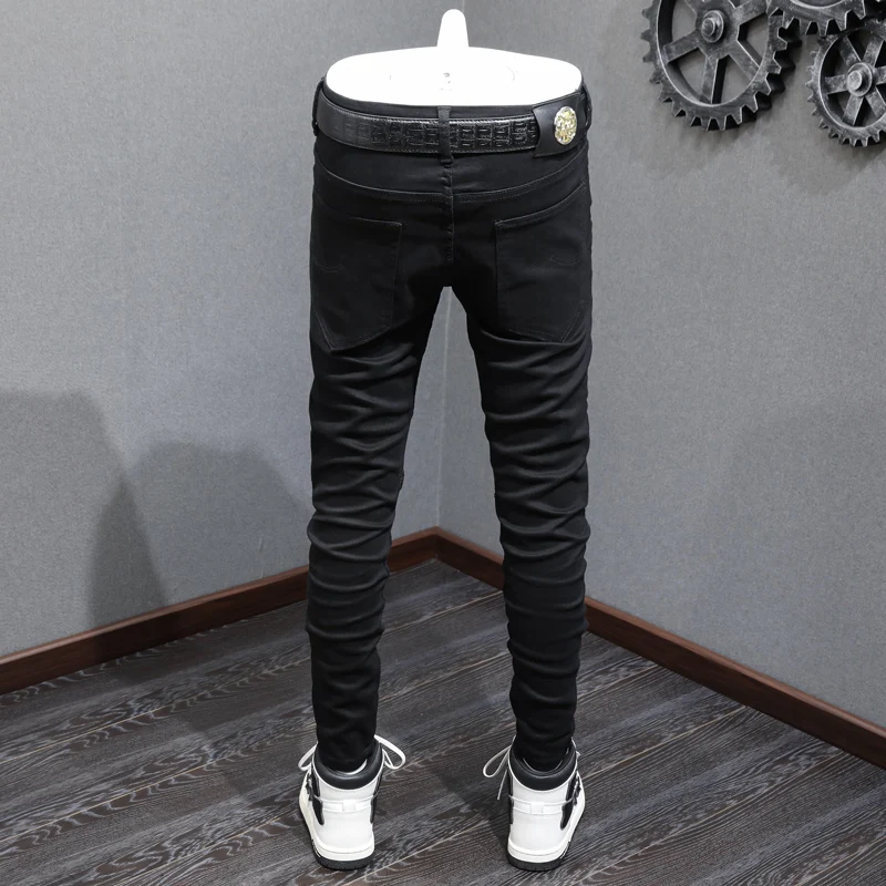 Men's Street Fashion Retro Y2K Washed Slim Fit Black Jeans Elastic Waist Split Leather L Zipper Decoration Designer Hip Hop