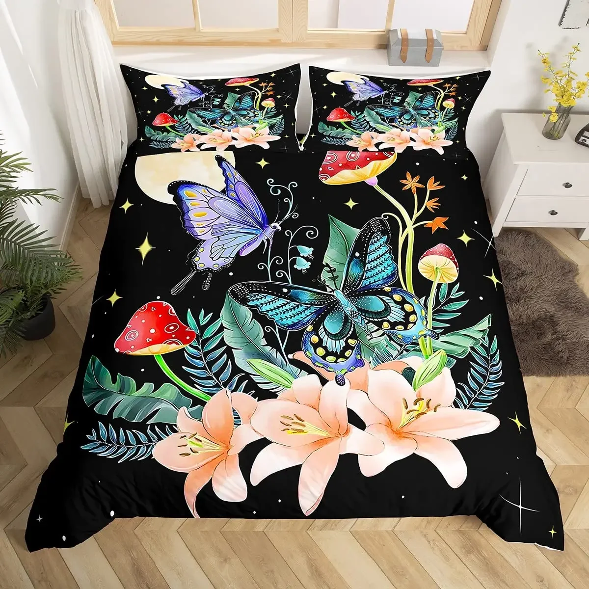 Flowers Moth Butterfly King Queen Duvet Cover Trippy Mushroom Bedding Set Moon Starry Sky Quilt Cover Polyester Comforter Cover