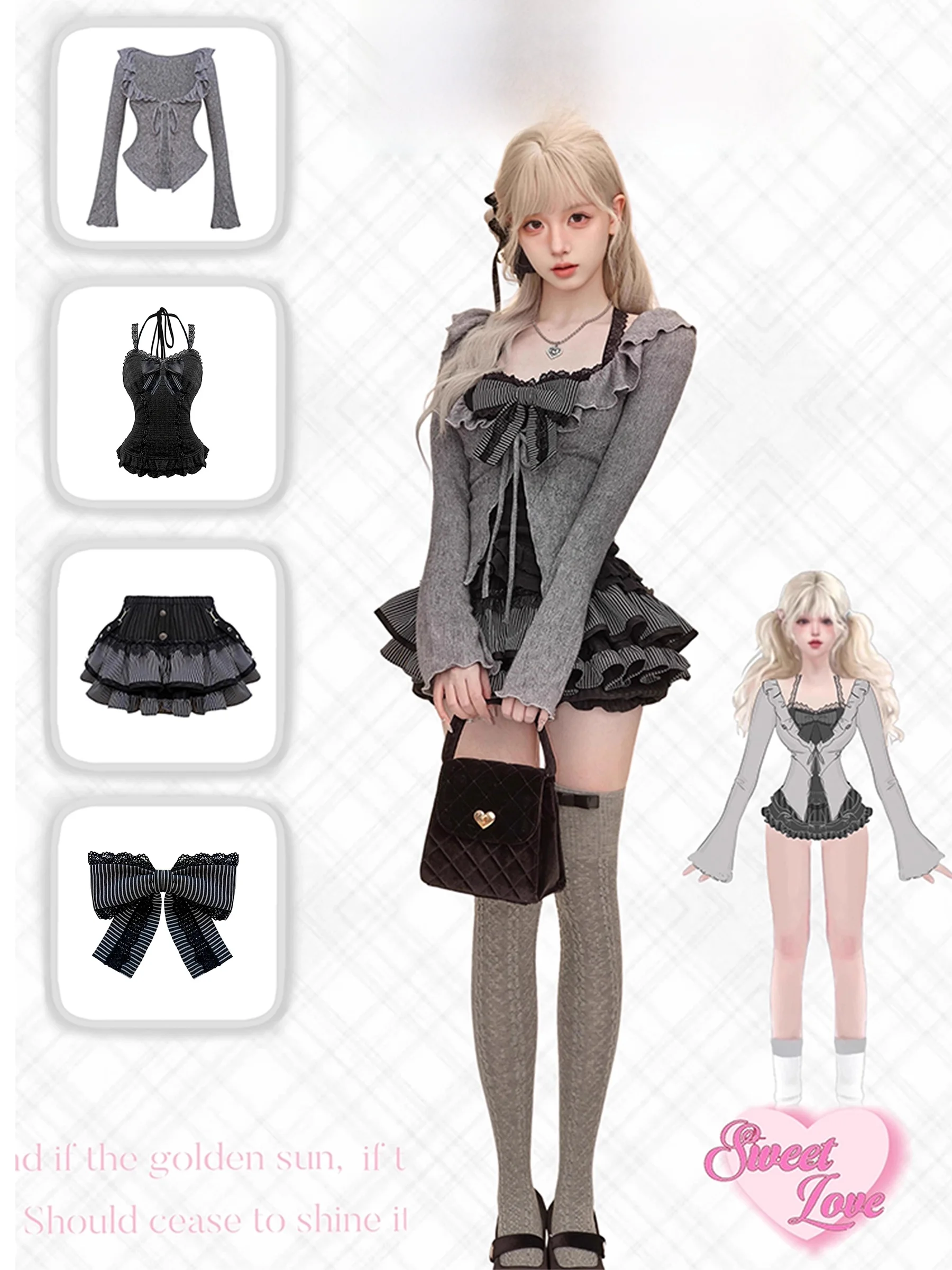 

Gothic Light Autumn Winter Set Bla Lace Strap ey Knitted Cardigan ort f Skirt Faionable Women's Tee-piece Suit