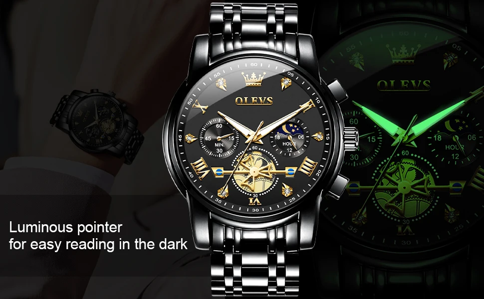 OLEVS 2856 Quartz Watch for Men Flywheel Skeleton Chronograph Moon Phase Multifunctional Stainless Steel Men's Wristwatches