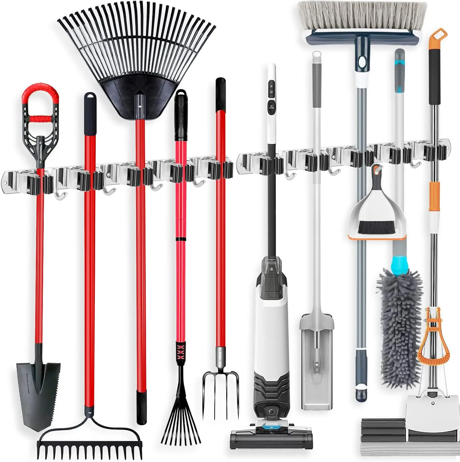 

2-Pack Wall Mount Broom Holder with 5 Racks and 4 Hooks, Self-Adhesive Heavy Duty Organizer for Laundry Room and Garage Storage