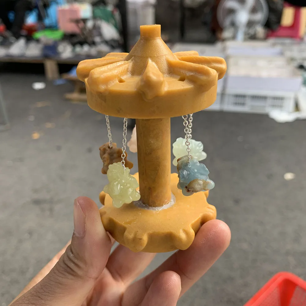 Custom Yellow Jade Crystal Carousel Figurine - Handcrafted Gemstone Rotating Carousel Decor with Hanging Mini Animal Pendant