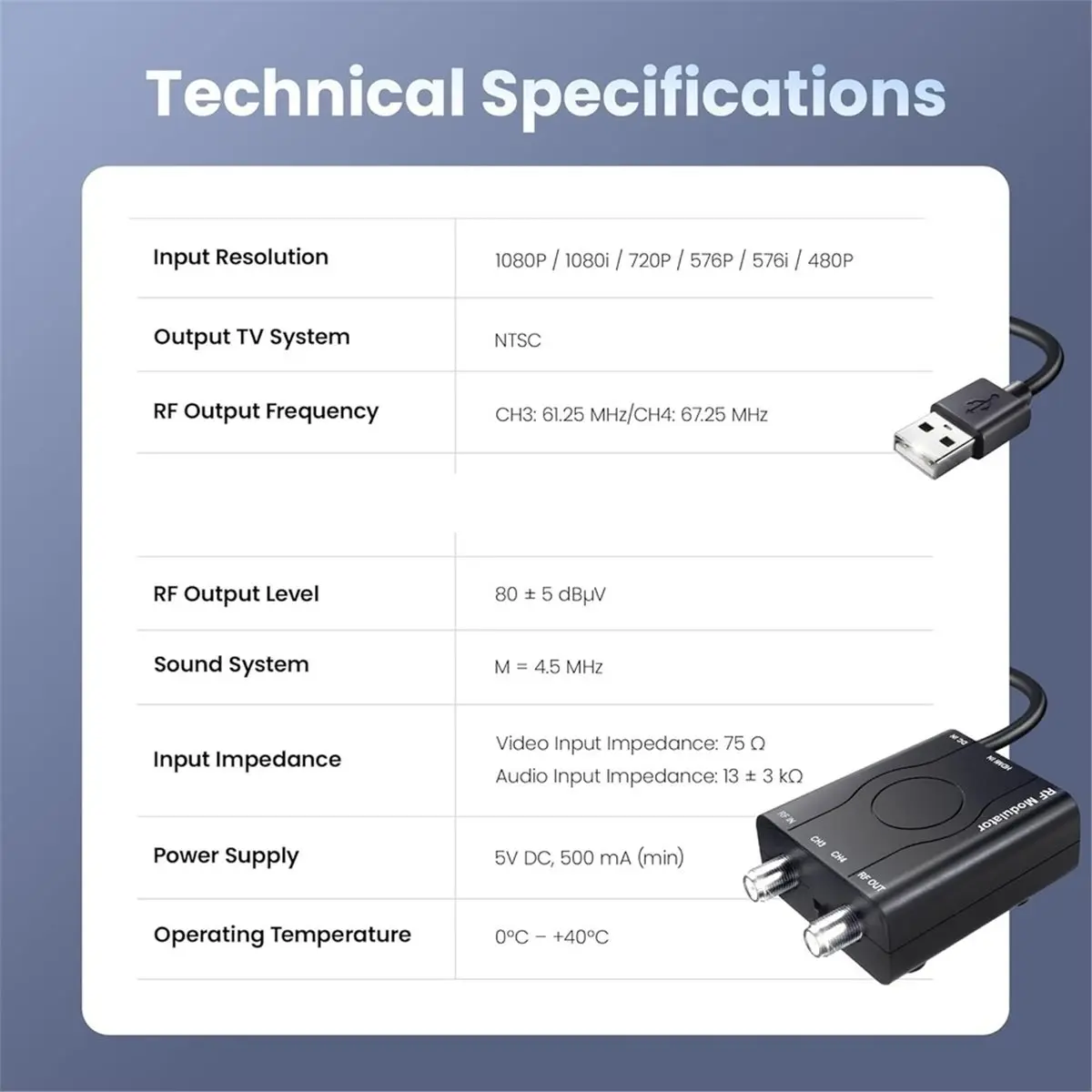 A85P HDMI-Compatible to RF Modulator with Cable & Power Adapter,1080P PLL Control NTSC Output CH3/CH4 RF Converter US Plug
