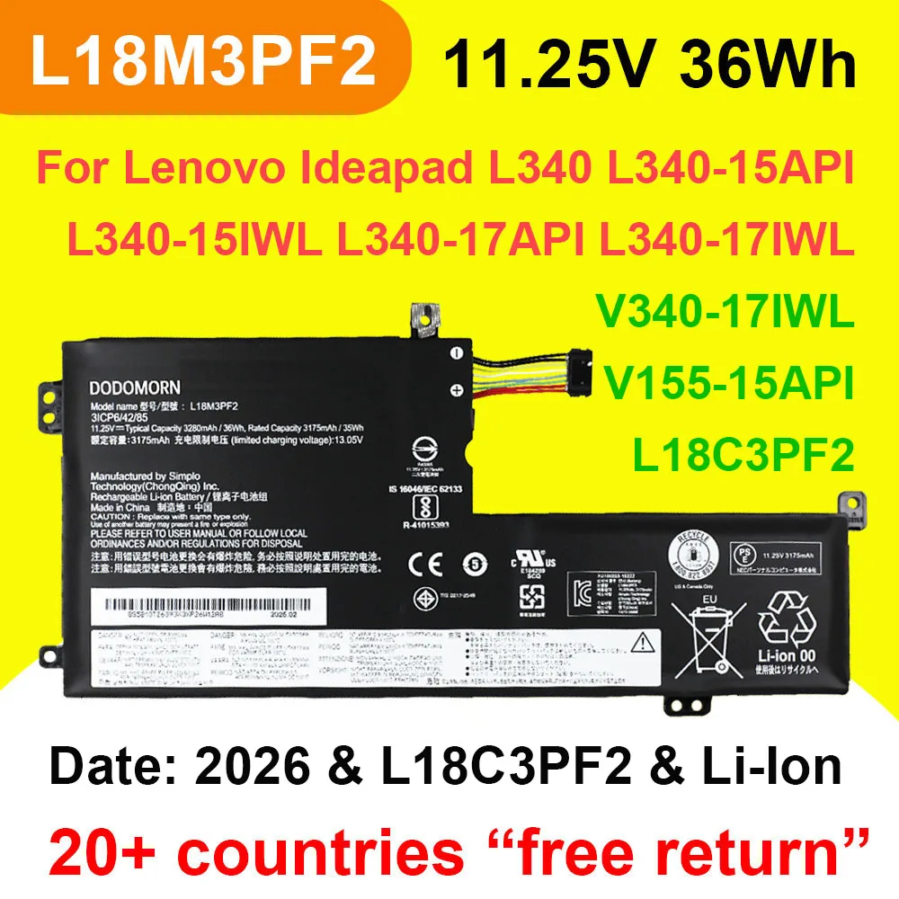 L18M3PF2 para Lenovo IdeaPad L340 L340-17API L340-17IWL L340-15API L340-15IWL V155 V340-17IWL L18C3PF2 batería del ordenador portátil 11,25 V 36Wh