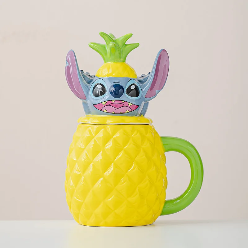 

480ml MINISO Stitch Pineapple Shaped Water Cup Ceramic Cartoon Coffee Milk Cup Office Cup with Lid