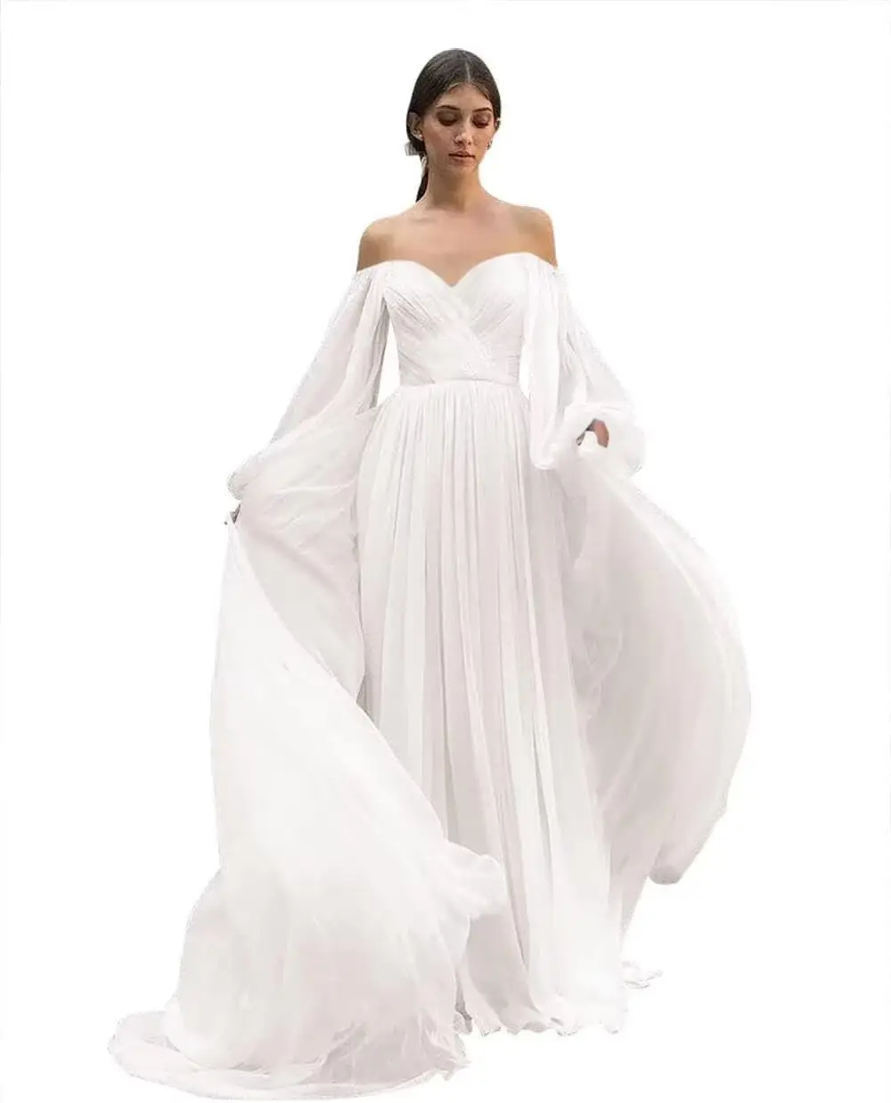 Abito da sposa Boho con spalle scoperte in chiffon gonfio maniche lunghe abiti da sera formali da ballo con tasche abito da sposa da sposa