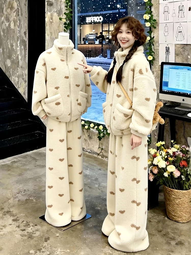 

2026 Winter Faion Women's Fce Lined Sweater Jaet And Wide Leg Pants Two Piece Set plus Size Slimming Trendy Outfit