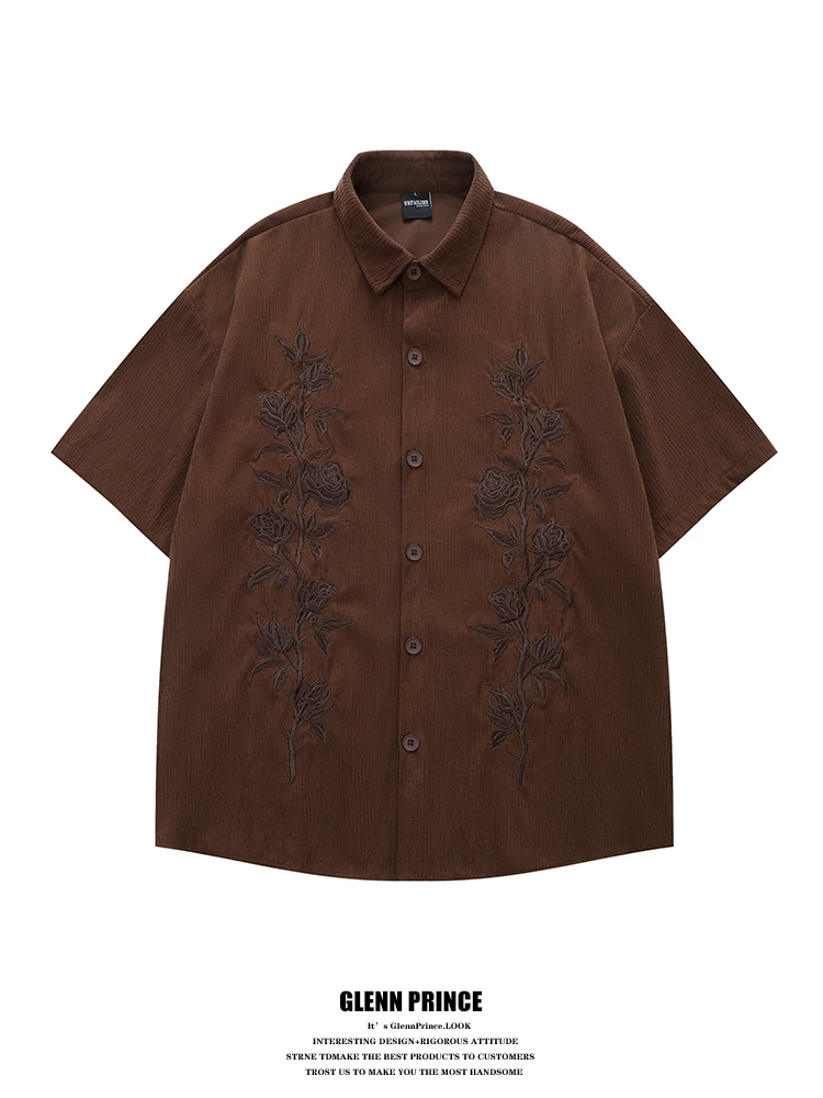 

GPstudio Men's ort Sve irt Embroidered Corduroy Casual Summer Vintage Rose Flower Breathable Skin-friendly Loose Fit