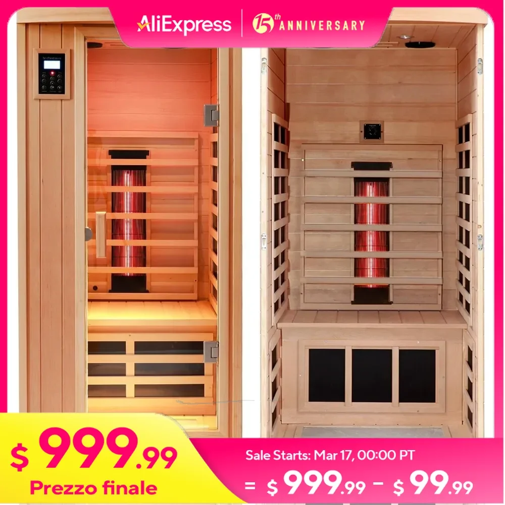 1 Person Infrared Sauna with Low EMF Heaters Ceramic Heating Cube Bluetooth Speaker，2 in 1 Wood Indoor Sauna Room  Sauna