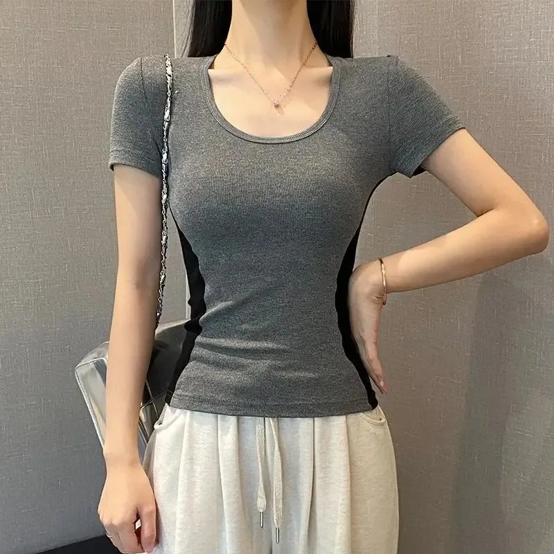 

Color-blocking Spliced American-style Shoulder-first Summer New Short-sleeved T-shirt for Women Slim Design Base Top