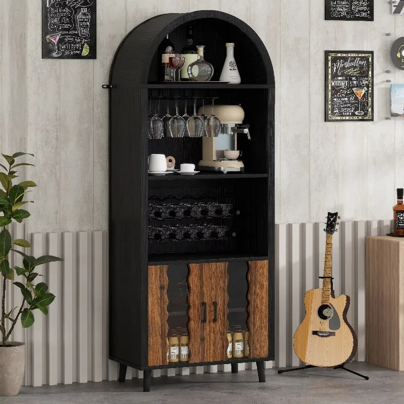 

71 Inch Farmhouse Arched Wine Bar Cabinet With Wine Rack and Wine Glass Holder in Black