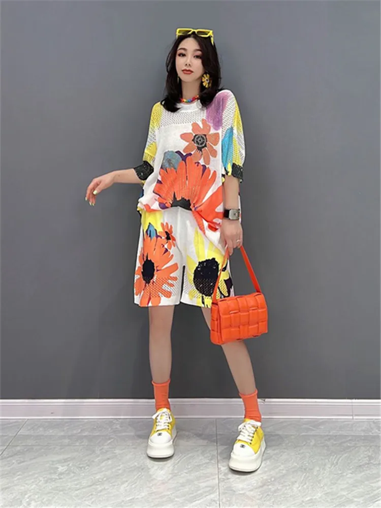 

Knitting Hollow Out Loose Suit Women Floral Prined Summer T-shirt Set Casual Thin Two Piece Set Female Clothing 2024 Summer New