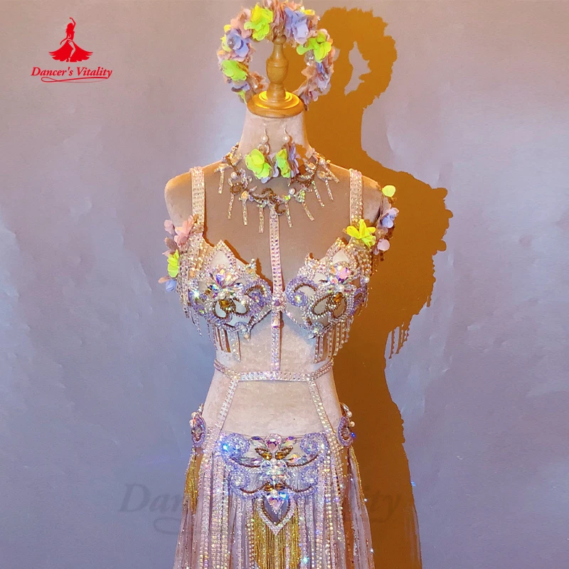 Belly Dance Costume Suit for Women Customsized Senior Embroidery Bra+flower Long Skirt 2pcs Oriental Belly Dancing Wear Outfit