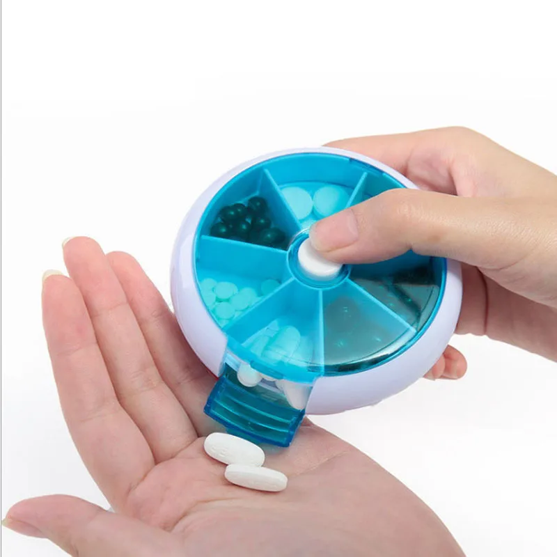 Pocket-size Pill Box with Dividers for Easy Medication Management on-the-Go Round 7-compartment Rotating Pill Box，Mini Pill Box