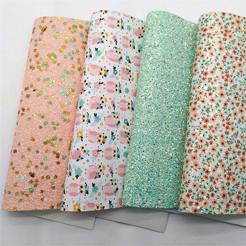 Shamrocks Glitter Leather Sheets Flowers Printed Glitter Faux Leather Owls Printed Synthetic Leather For Bow DIY 21x29CM Q1715