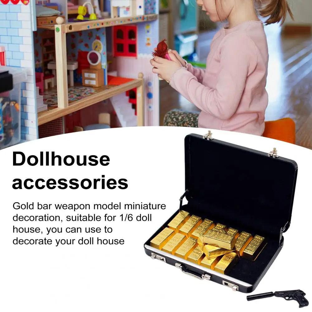 Miniature Pistol Miniature Dollhouse Accessories Faux Gold Bar Set with Pistol Briefcase for Barbies 1/6 Scale Simulation