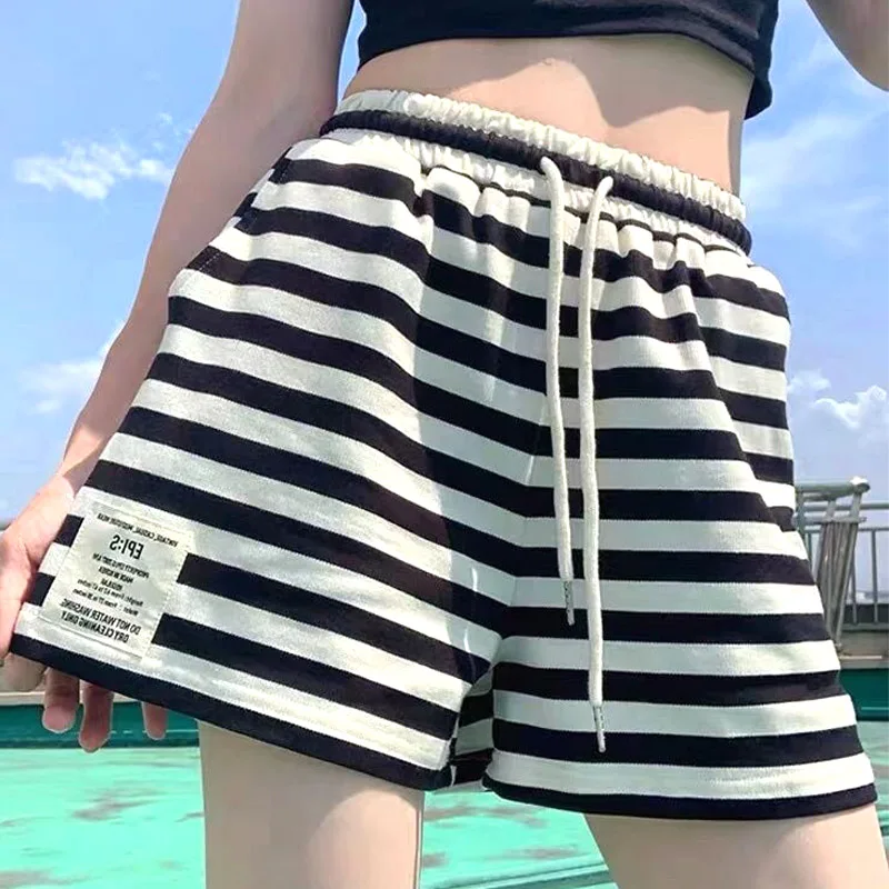 Women's Clothing Red Stripe Shorts Summer New Drawstring Waist Wide Leg Korean Style Casual Comfortable Trendy Pants