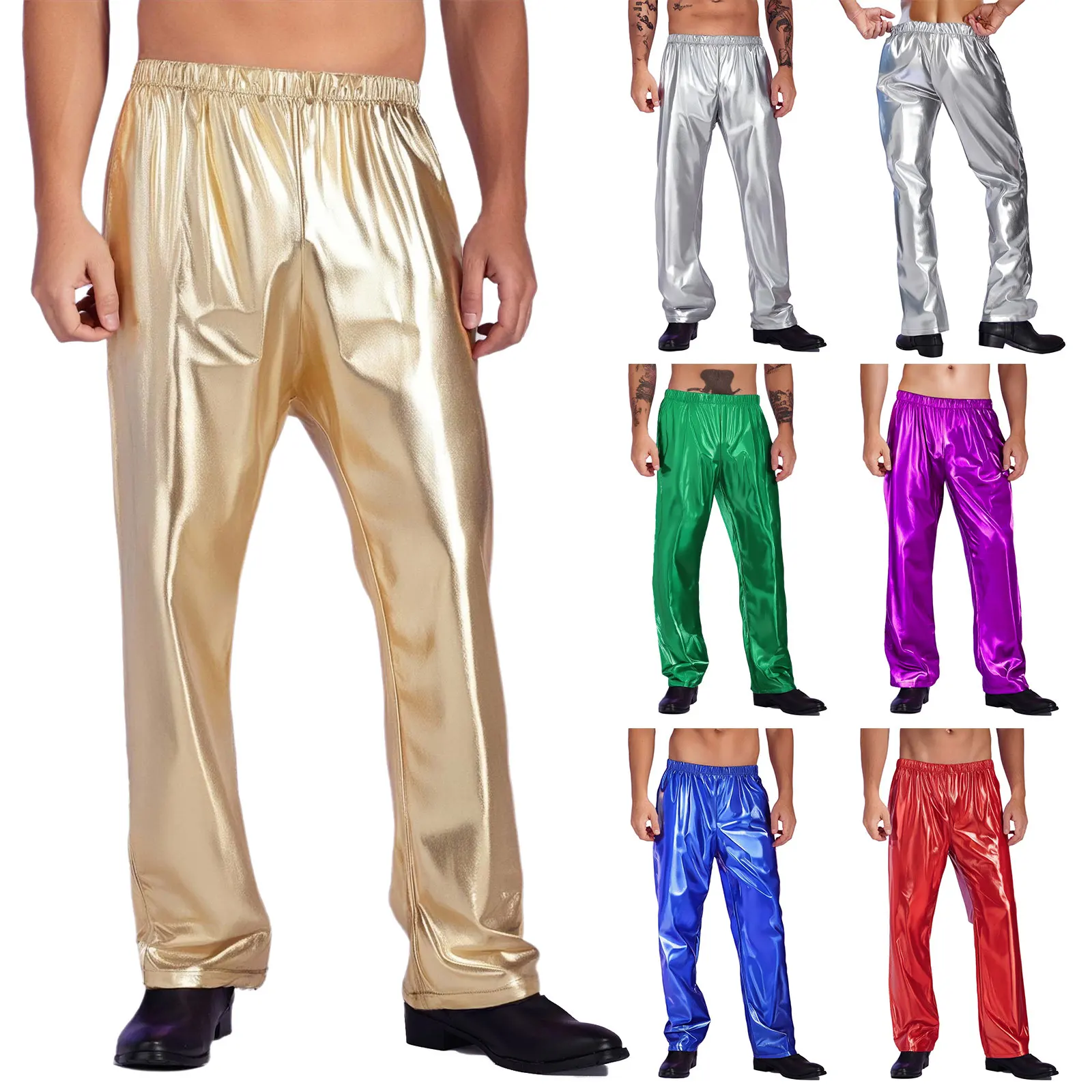 Mens Metallic Shiny Pants Jazz Hip-hop Dance Pants Elastic Waistband Trousers for Rave Disco Club Theme Party Stage Performance