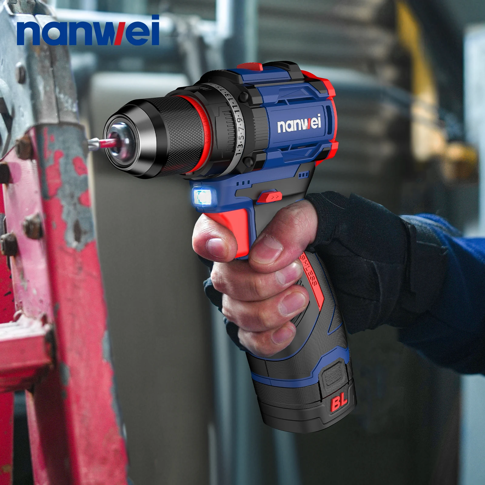 NANWEI 16V Brushless 2-Speed Impact Lithium-Ion Drill 45N.M Home DIY Drill 10MM Ratchet Wrench Self-Locking Chuck Repair Tool