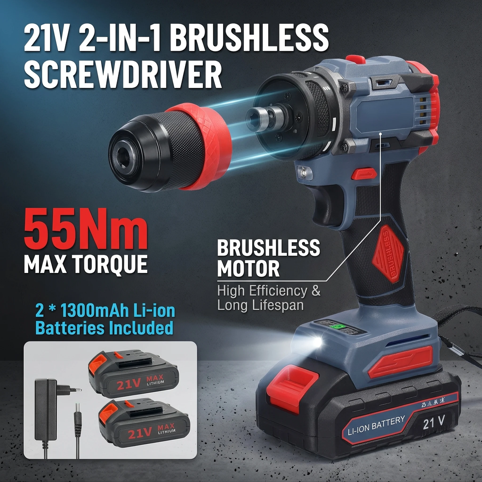 Cacciavite Elettrico Senza Fili 21V, Trapano a Impatto Brushless 2 in 1, Coppia 55N.m, 2 Velocità, Utensile Elettrico con 2 Batterie