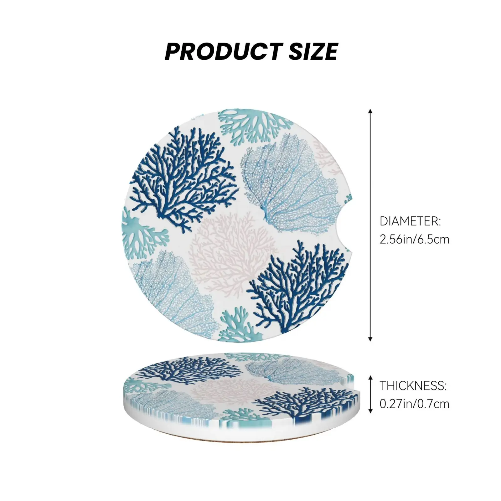 Coral Branch Ocean Themed Ceramic Coasters 2 PCS Car Cup Holder Insert Coasters Universal Vehicle Coasters Auto Cup Mats