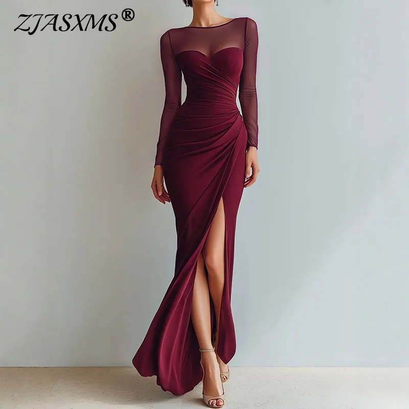 Damen Elegantes Formelles Maxikleid mit Meerjungfrauen-Silhouette, O-Ausschnitt, Langen Ärmeln, Geraffter Taille und Hohem Schlitz