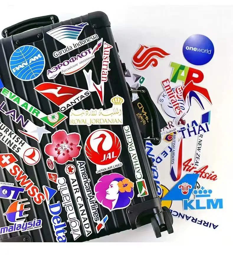 50 Pcs Airline Logo Stickers Travel Decals Luggage Sticker Glossy Waterproof Pegatinas for Mobile Laptop Luggage Decorate
