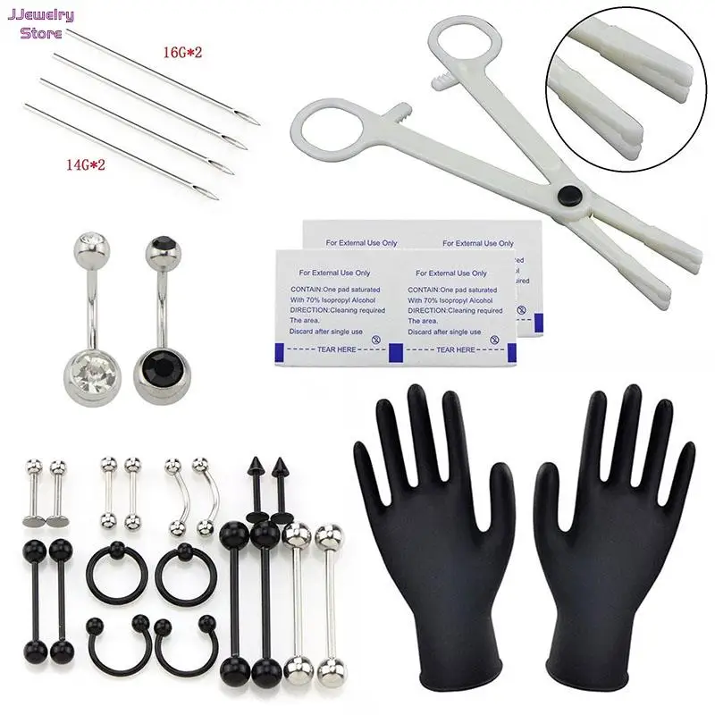 Body Piercing Kit With Needle Pack Nose Septum Belly Button Piercing Tool Kit Ear Tragus Nipple Eyebrow Labret Pircing Clamp Set