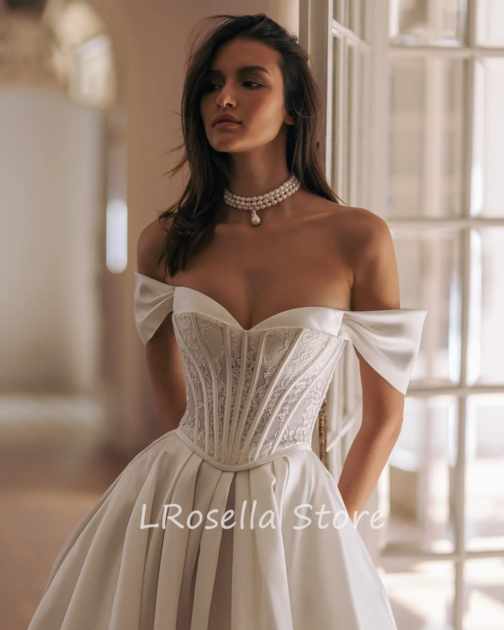 LRosella-Robe de mariée en satin froncée à épaules dénudées, ligne A, élégante, style exquis, luxe, train de balayage, sexy, 2024