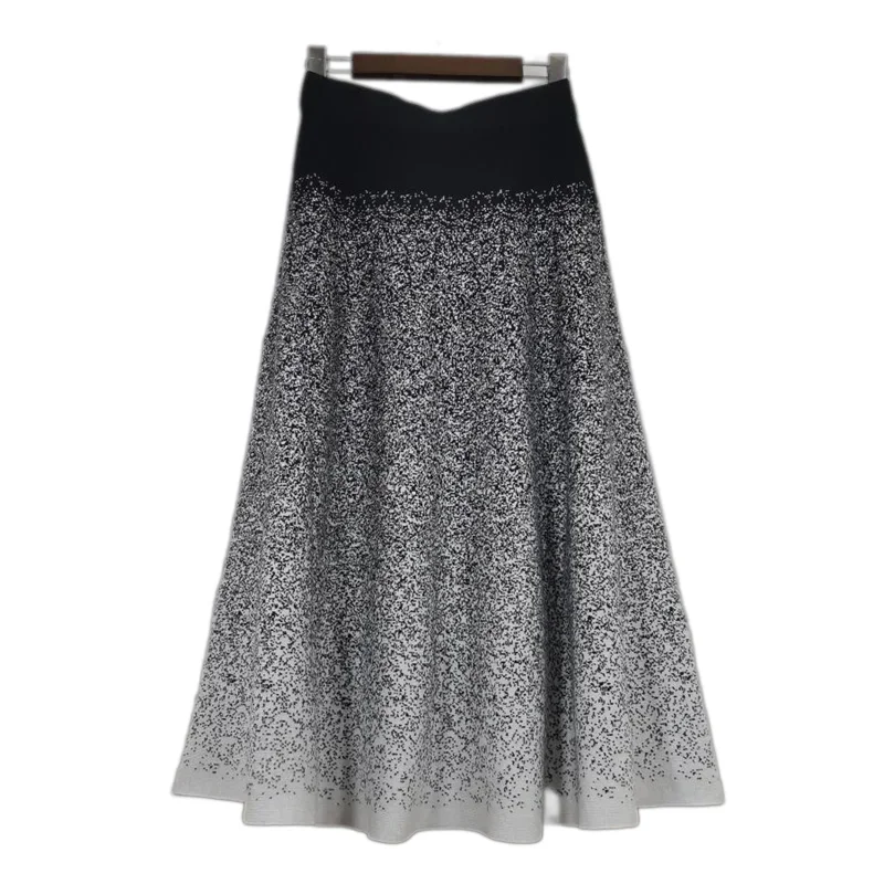 2024 New Autumn Winter Women High Waist Slim Long Skirt High Quality Fashion Gradient Color Snowflake Shaped Knitted Skirt