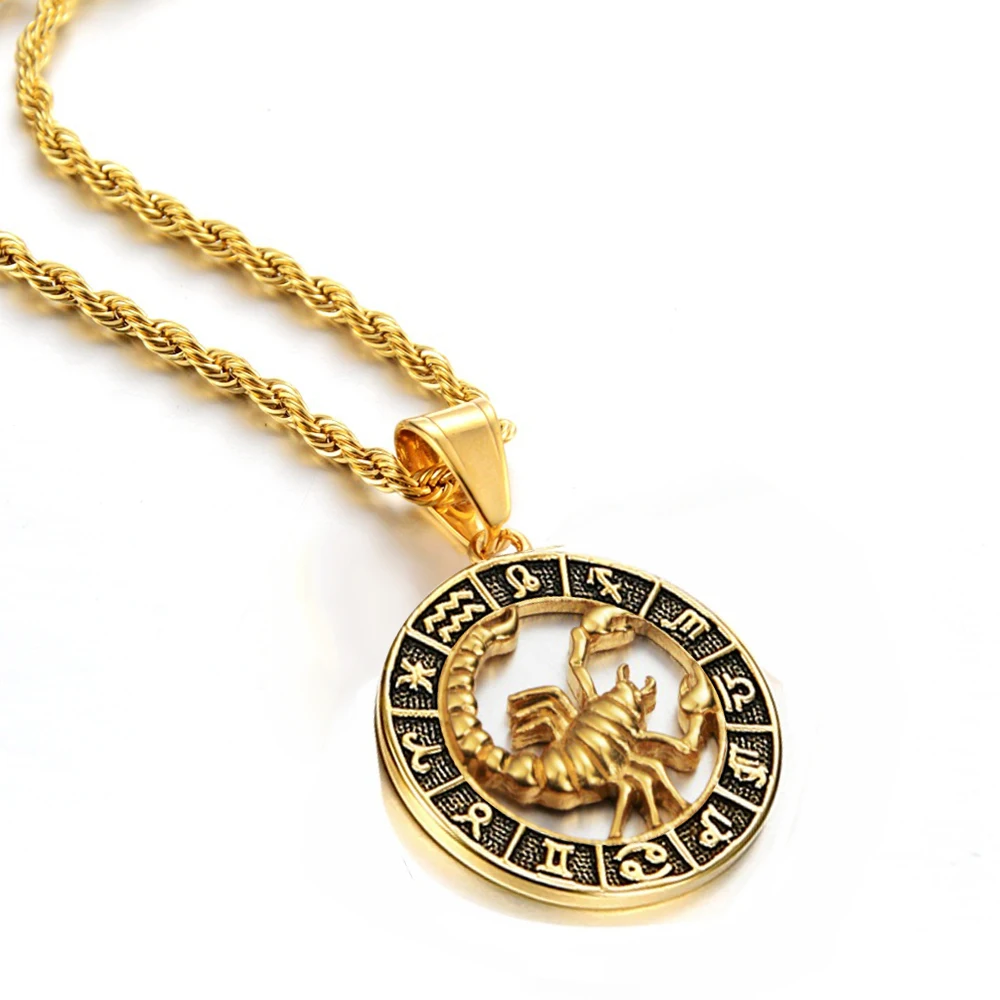 Scorpio Leo 12 Constellations Pendant Necklaces for Men Women Gold Color Stainless Steel Rope Chain Zodiac Signs Jewelry 2023