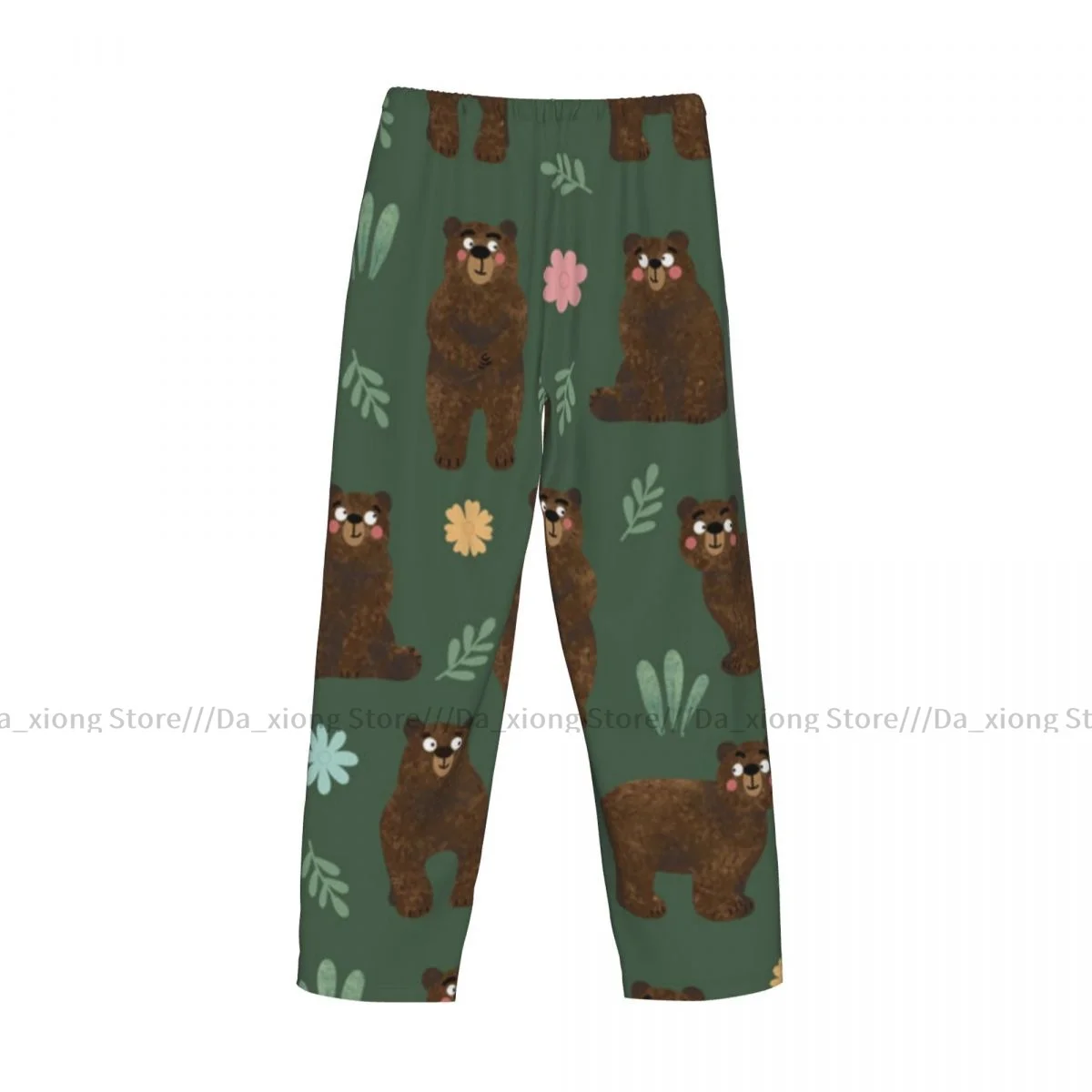 Pijama solto casual masculino com elástico na cintura, estampa de urso bonito, pijama aconchegante, calça de lounge em casa, calça comprida