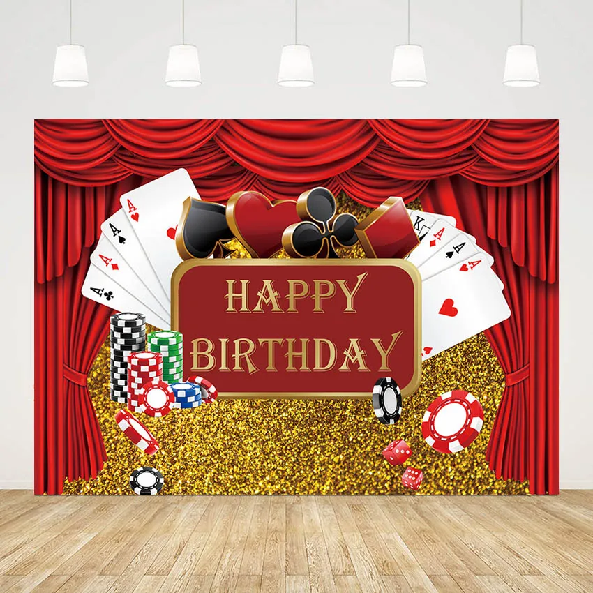 Mehofond Photography Background Las Vegas Casino Chip Poker Gold Glitter Birthday Party Backdrop Red Curtain Decor Photo Studio