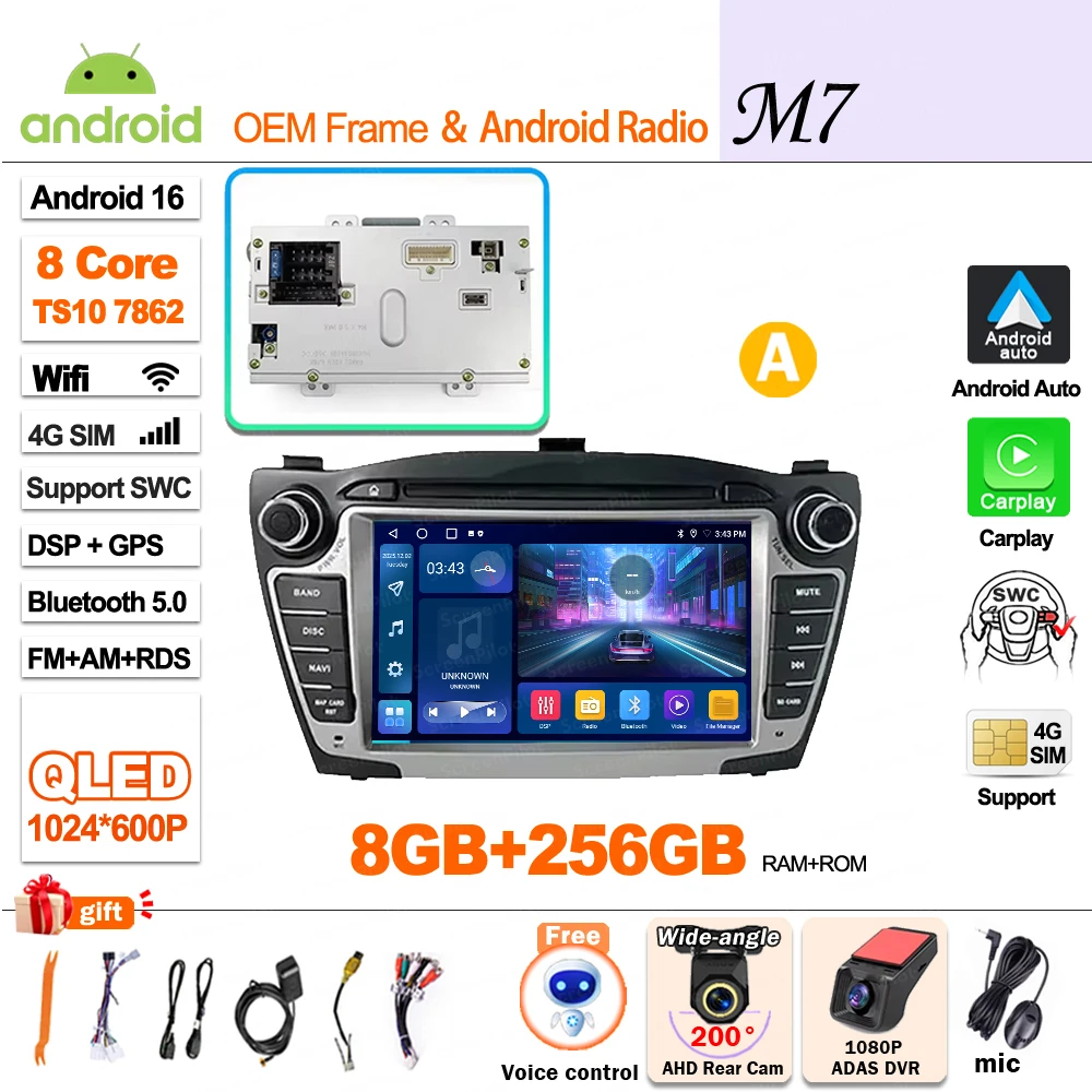 Android 16 Carplay voor Hyundai IX35 Tucson 2 LM 2009 - 2015 autoradio multimediaspeler QLED scherm GPS navigatie WiFi 5G