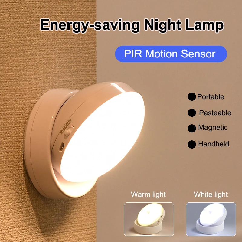 PIR Motion Sensor Night Light, Lâmpada de parede sem fio, USB recarregável, sob o armário, corredor, armário, banheiro, rotação de 360 °