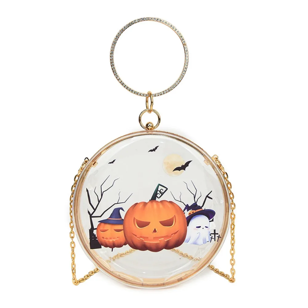 

Durable Pumpkin Halloween Round Handbag Printed Alloy PVC Transparent Pouch Cartoon Ghost Hanging Pouch Party