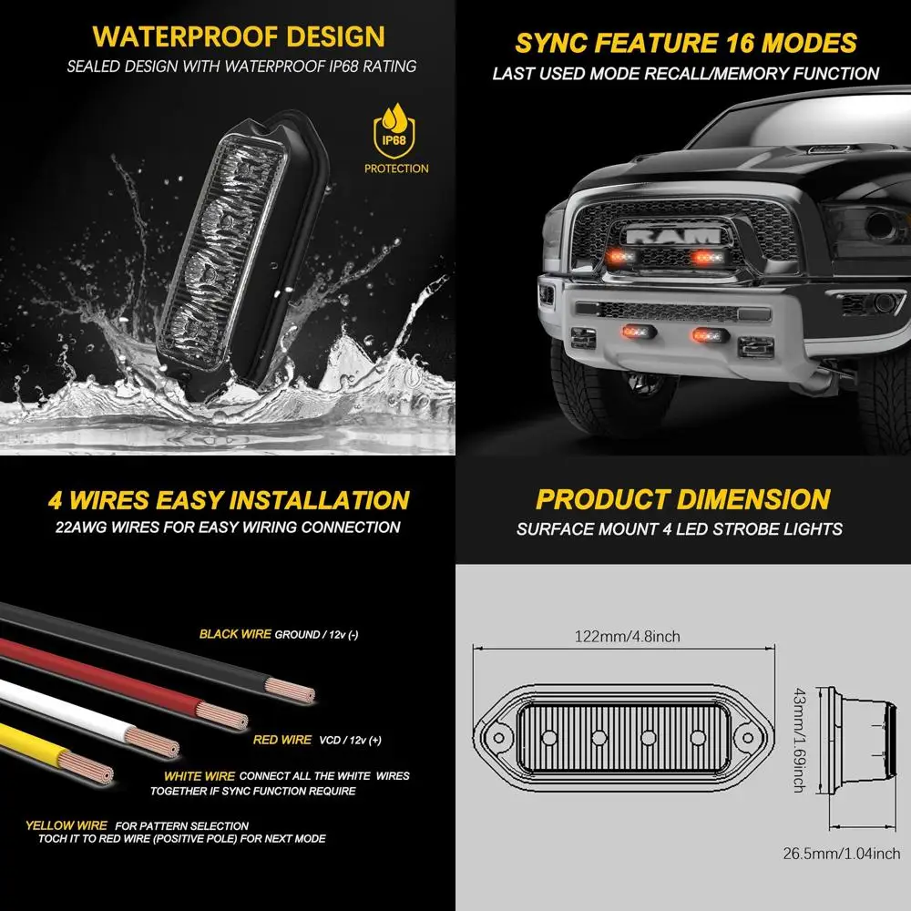 

Synchronized Aluminum Amber & White Strobe Lights for Trucks - Thick Style Warning Flashers